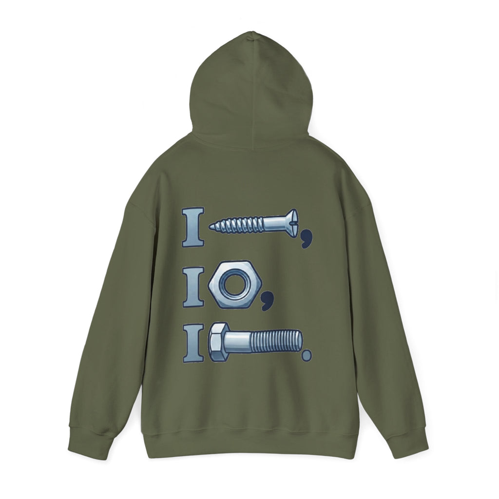 Screw, Nut, Bolt Adult Hoodie — Mechanical Pun Graphic Hooded Sweatshirt