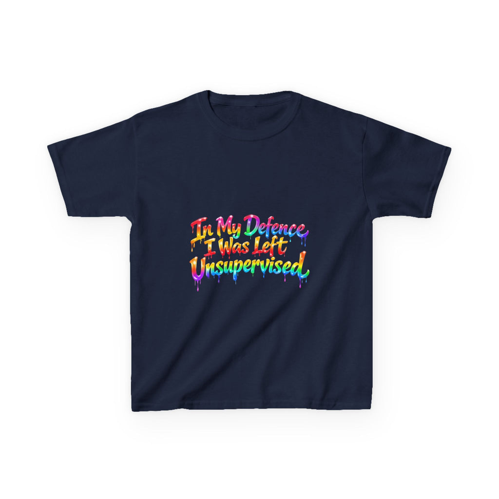 Kids Tee — "In My Defence I Was Left Unsupervised" Rainbow Drip Graphic