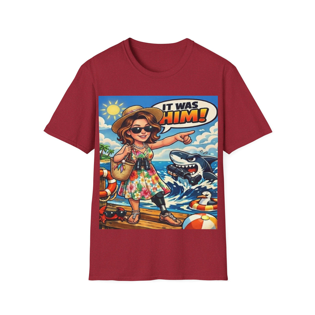 Adult T-Shirt — 'It Was Him!' Beach Shark Graphic Tee