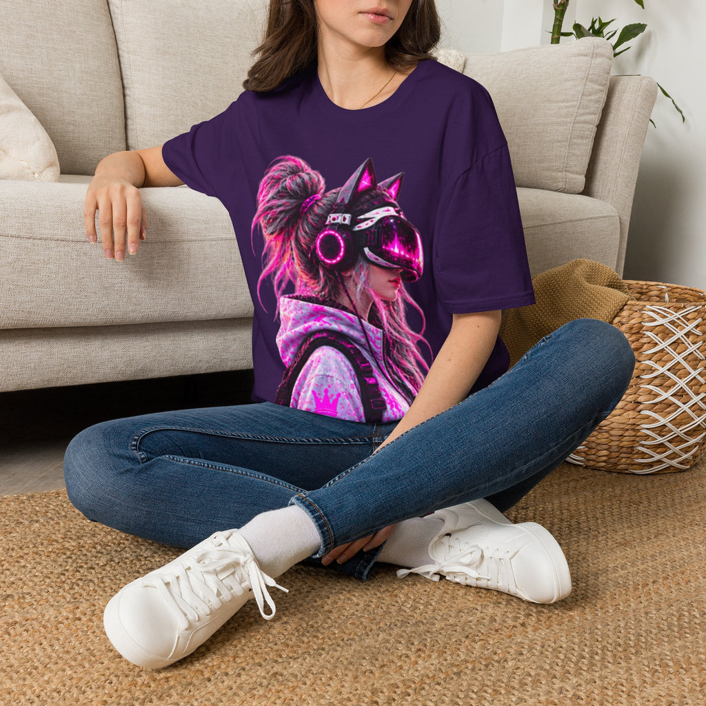 Cat VR Gamer Adult T‑Shirt — Neon Pink Cyberpunk Kitty Gamer Tee