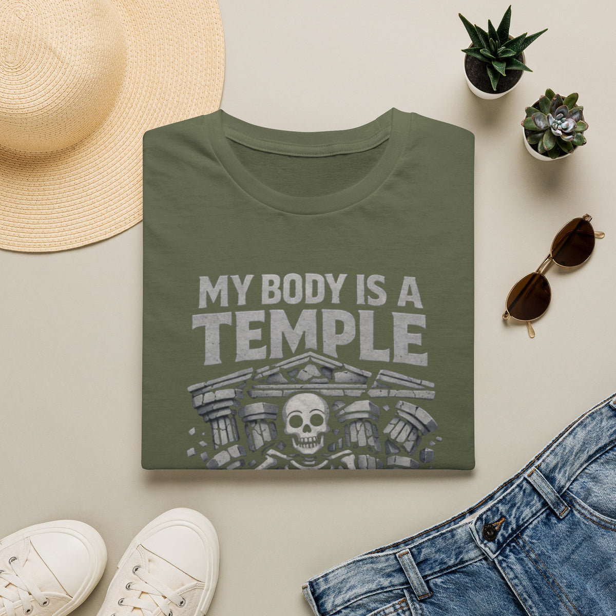 Temple Skeleton Adult T-Shirt — "My Body Is a Temple" Vintage Gothic Tee