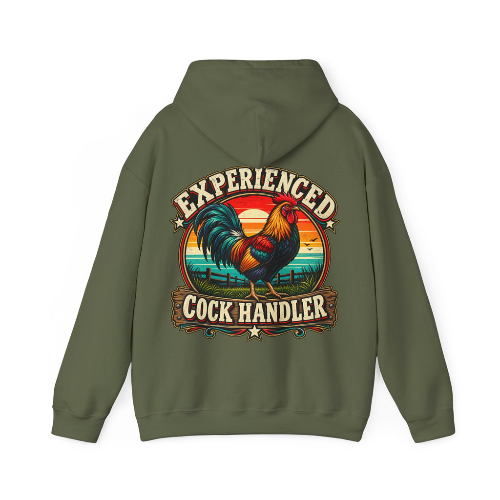 Adult Hoodie — "Experienced Cock Handler" Vintage Rooster Farm Humor Pullover