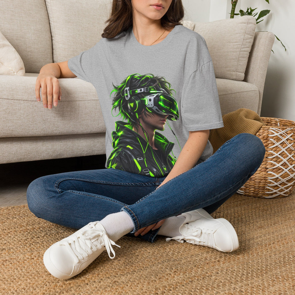 Cyberpunk VR Gamer Adult T-Shirt — Neon Green Virtual Reality Jacket Design