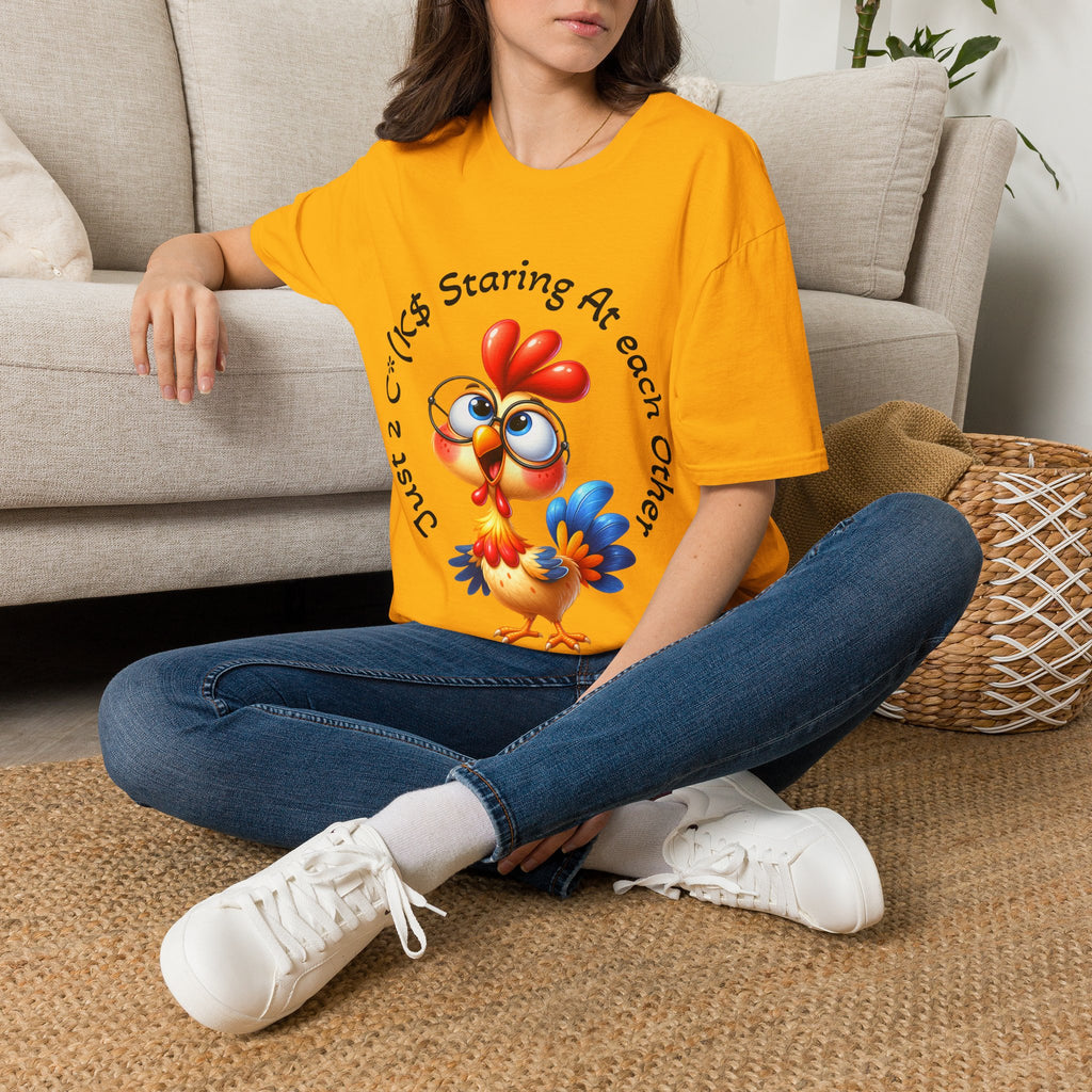 Chicken Cartoon Adult T-Shirt — "Staring At Each Other" Cute Funny Graphic Tee