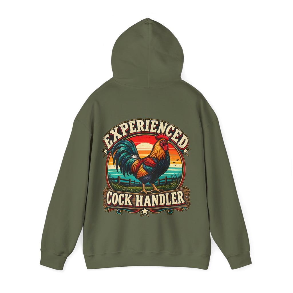 Adult Hoodie — "Experienced Cock Handler" Vintage Rooster Farm Humor Pullover