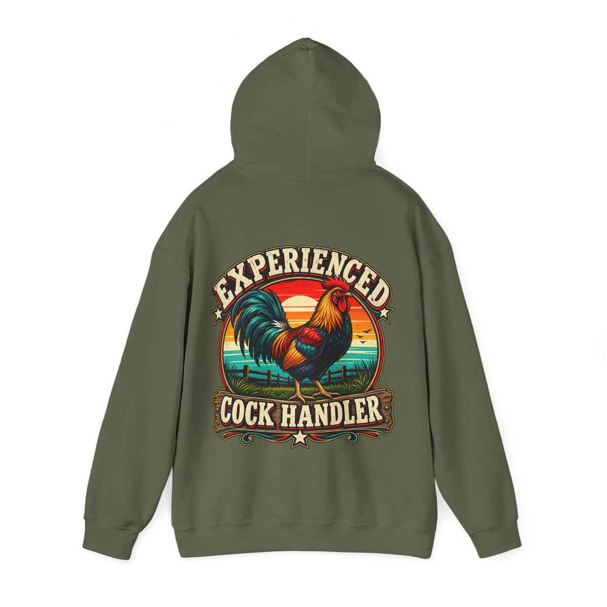 Adult Hoodie — "Experienced Cock Handler" Vintage Rooster Farm Humor Pullover
