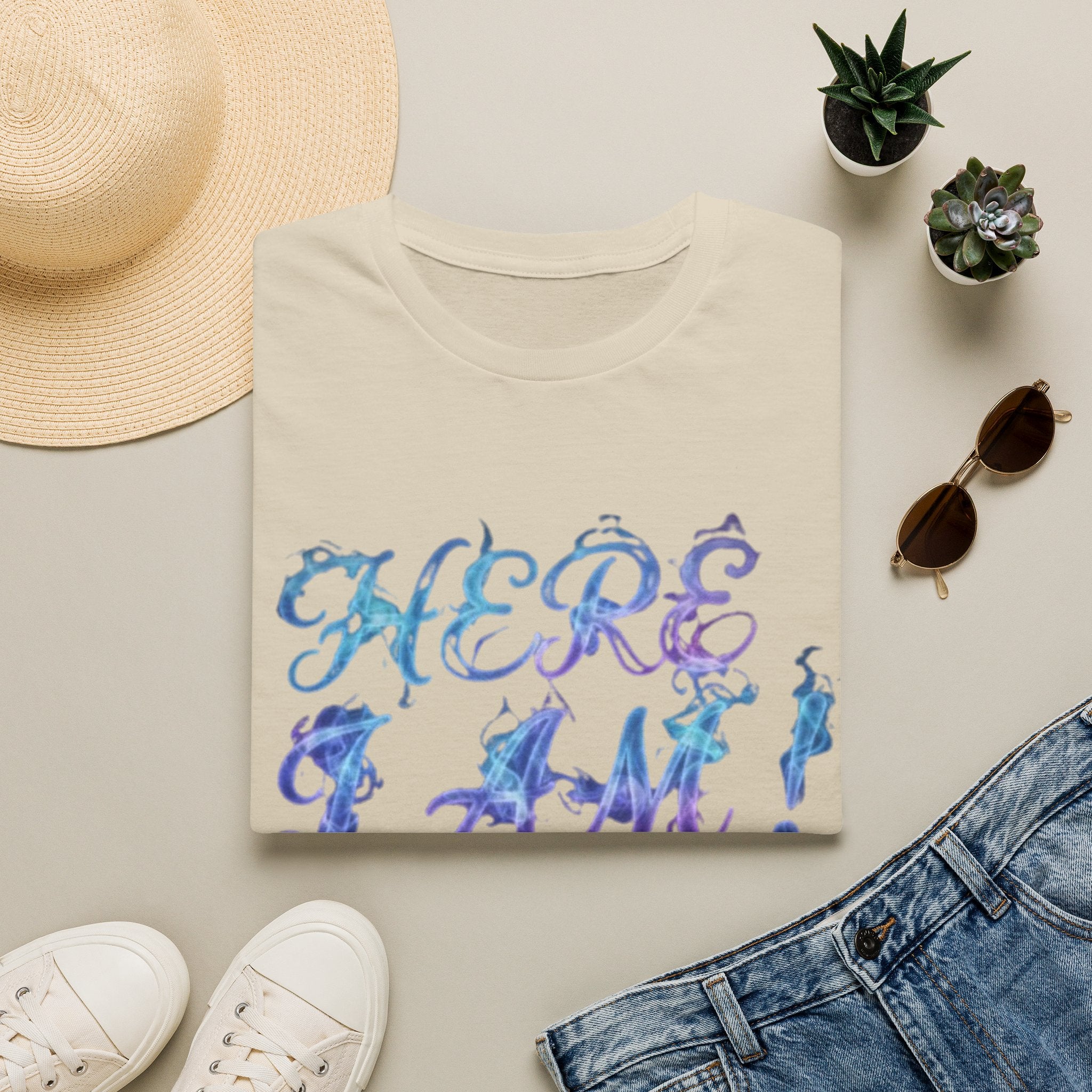 Adult T-Shirt — "Here I Am! What Are Your Other 2 Wishes?" Floral Script Graphic Tee