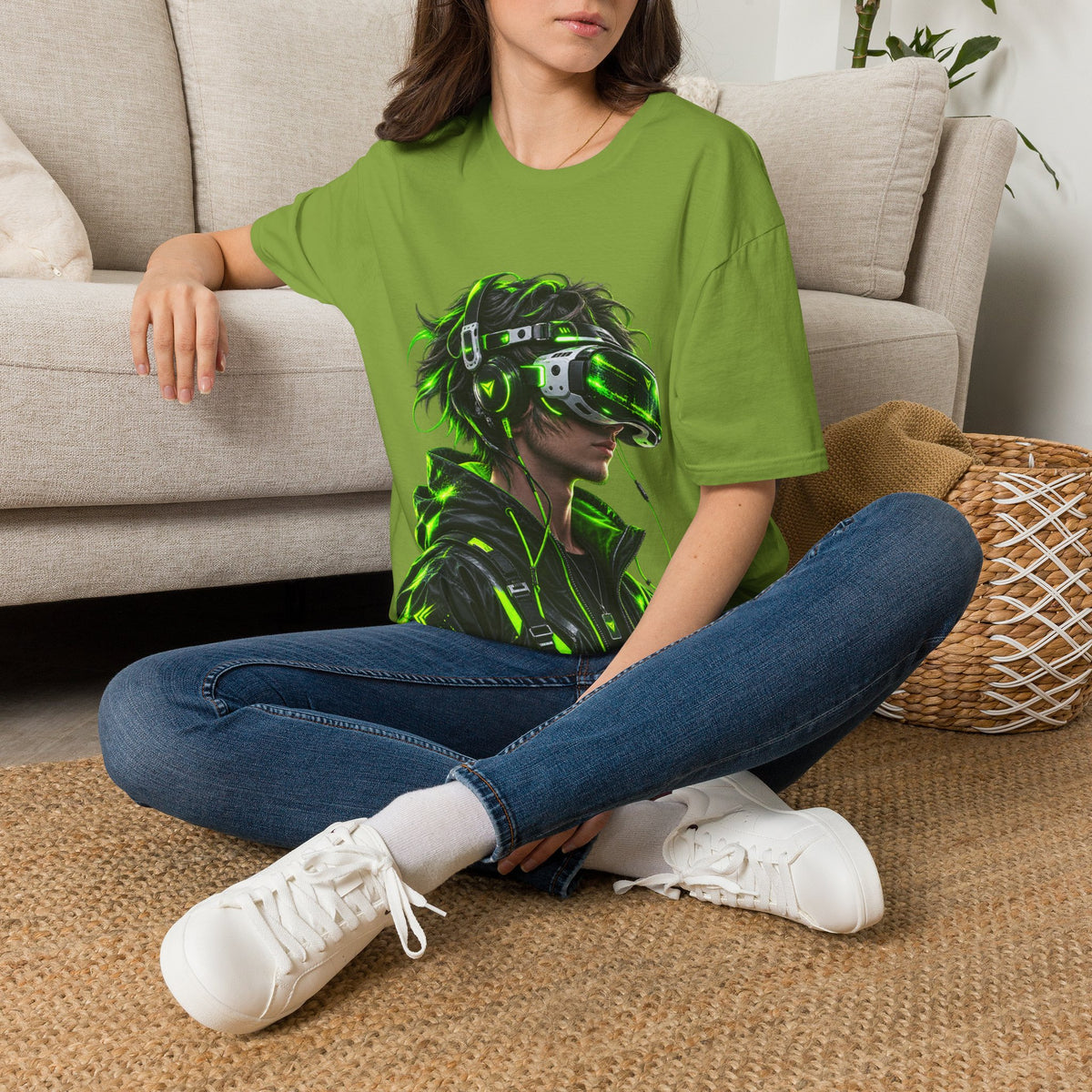 Cyberpunk VR Gamer Adult T-Shirt — Neon Green Virtual Reality Jacket Design