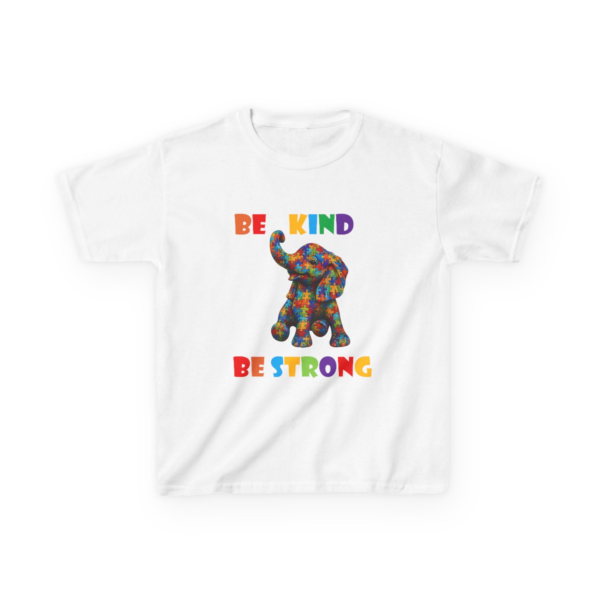 Colorful Patchwork Elephant Be Kind Be Strong Kids Tee | Rainbow Animal Shirt