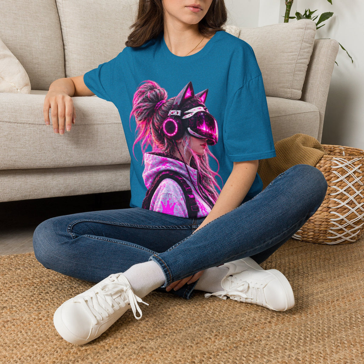 Cat VR Gamer Adult T‑Shirt — Neon Pink Cyberpunk Kitty Gamer Tee