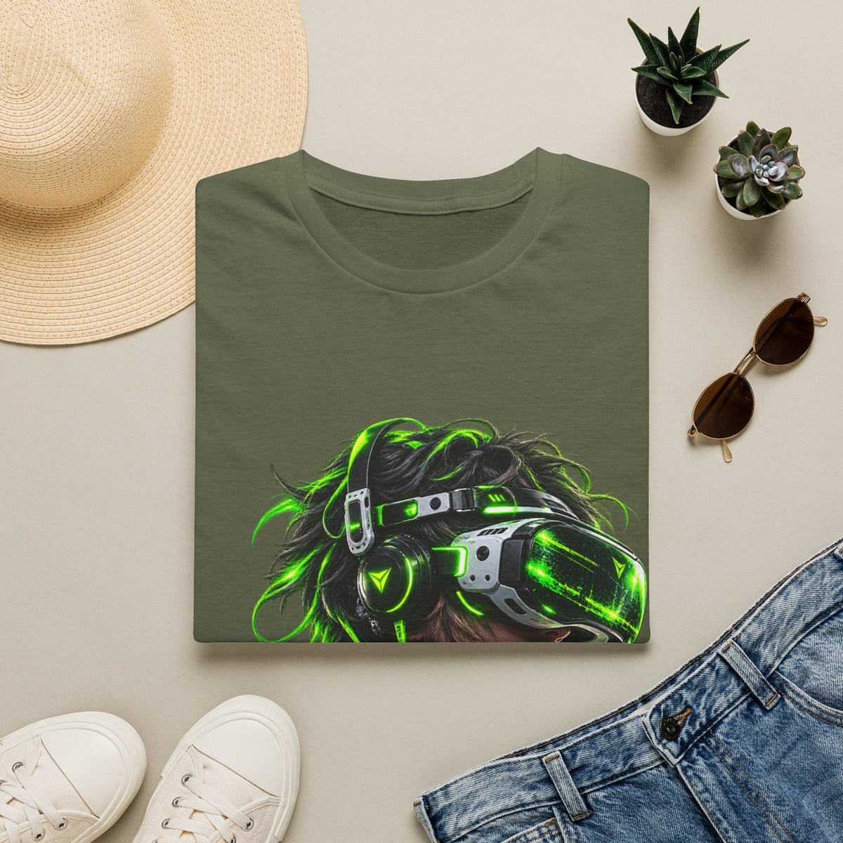 Cyberpunk VR Gamer Adult T-Shirt — Neon Green Virtual Reality Jacket Design