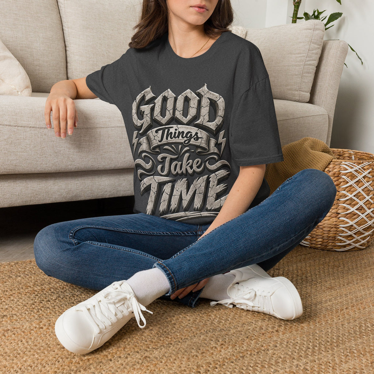Adult T-Shirt — 'Good Things Take Time' Vintage Script Graphic Tee