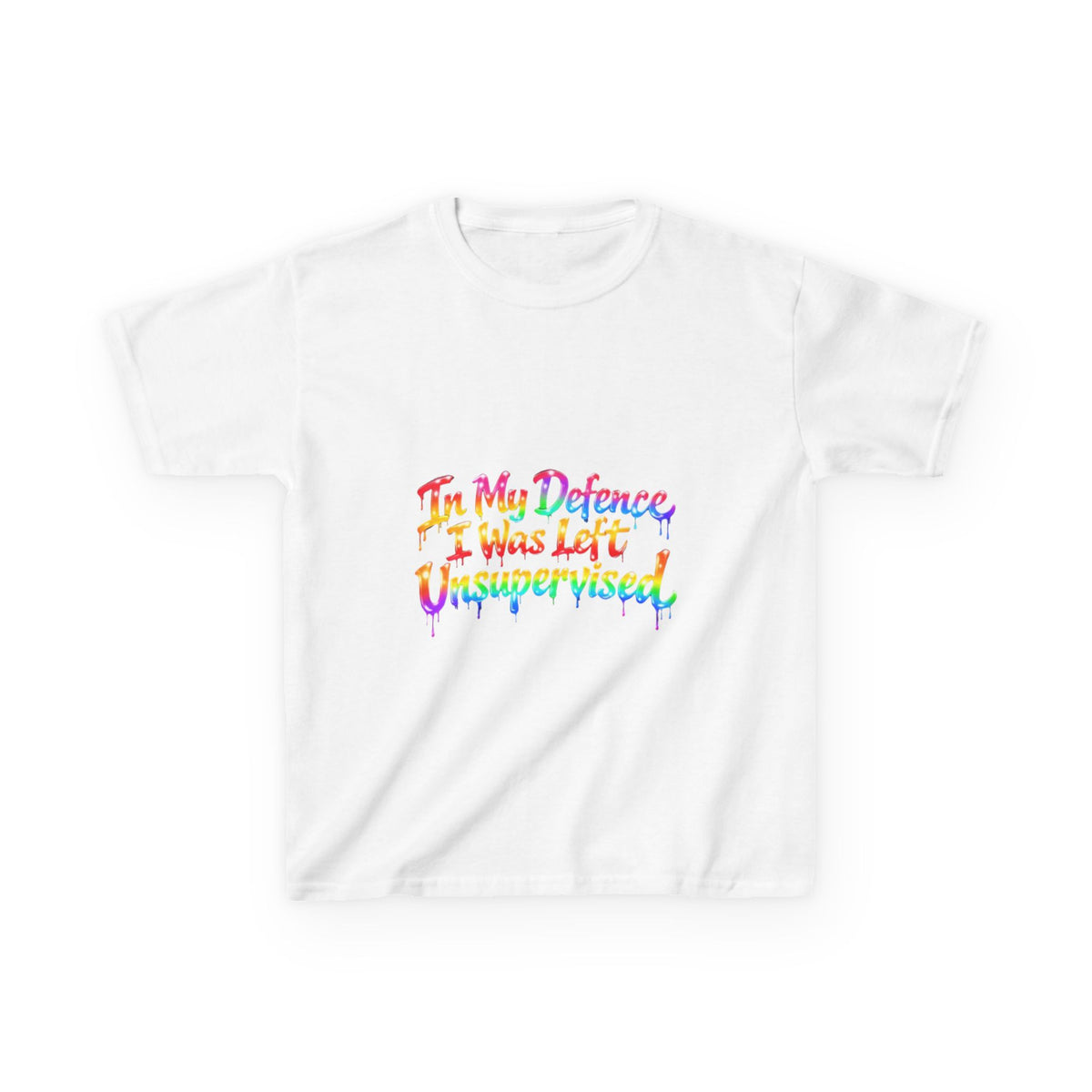 Kids Tee — "In My Defence I Was Left Unsupervised" Rainbow Drip Graphic