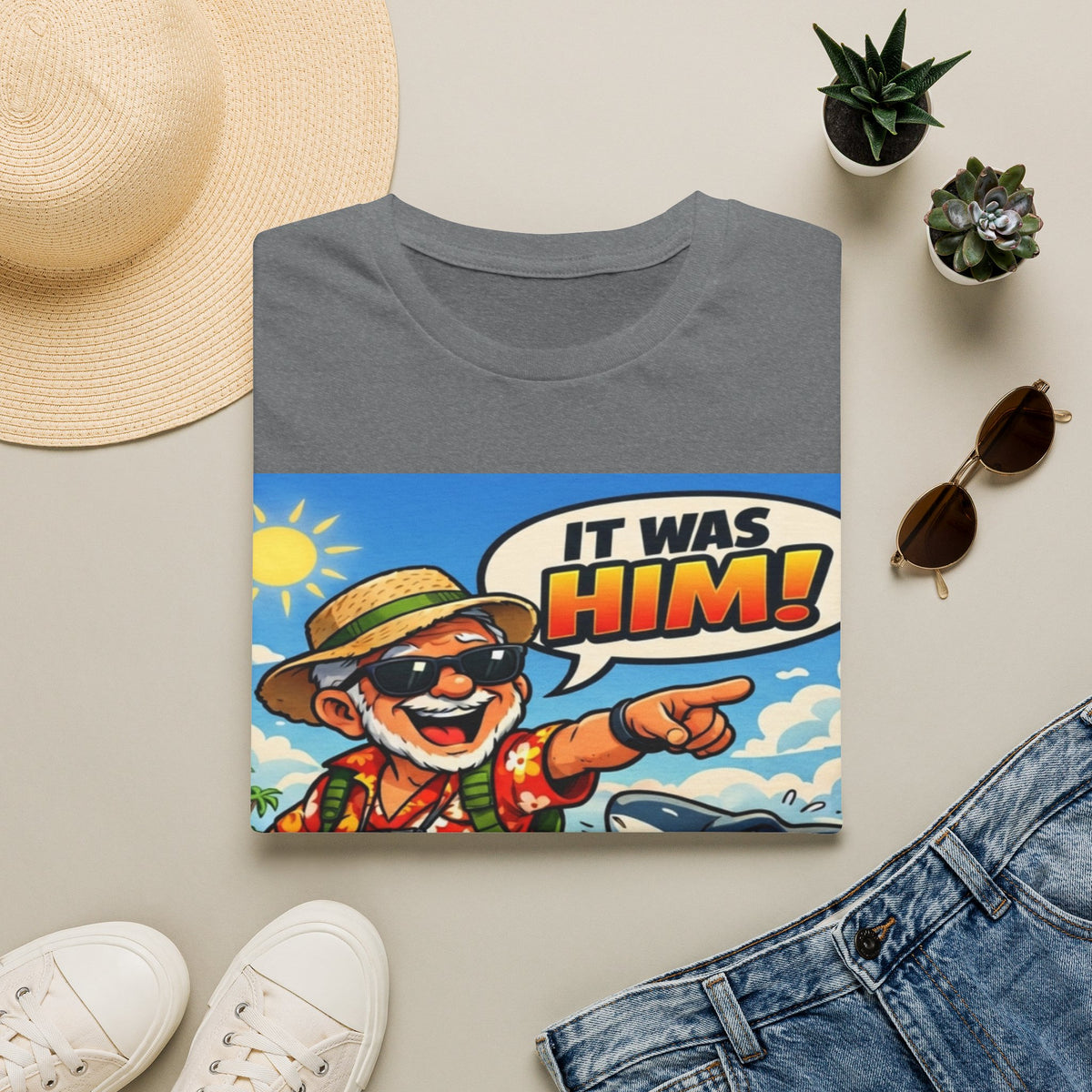 Adult T-Shirt — Retro Vacation Shark 'It Was Him!' Graphic Tee