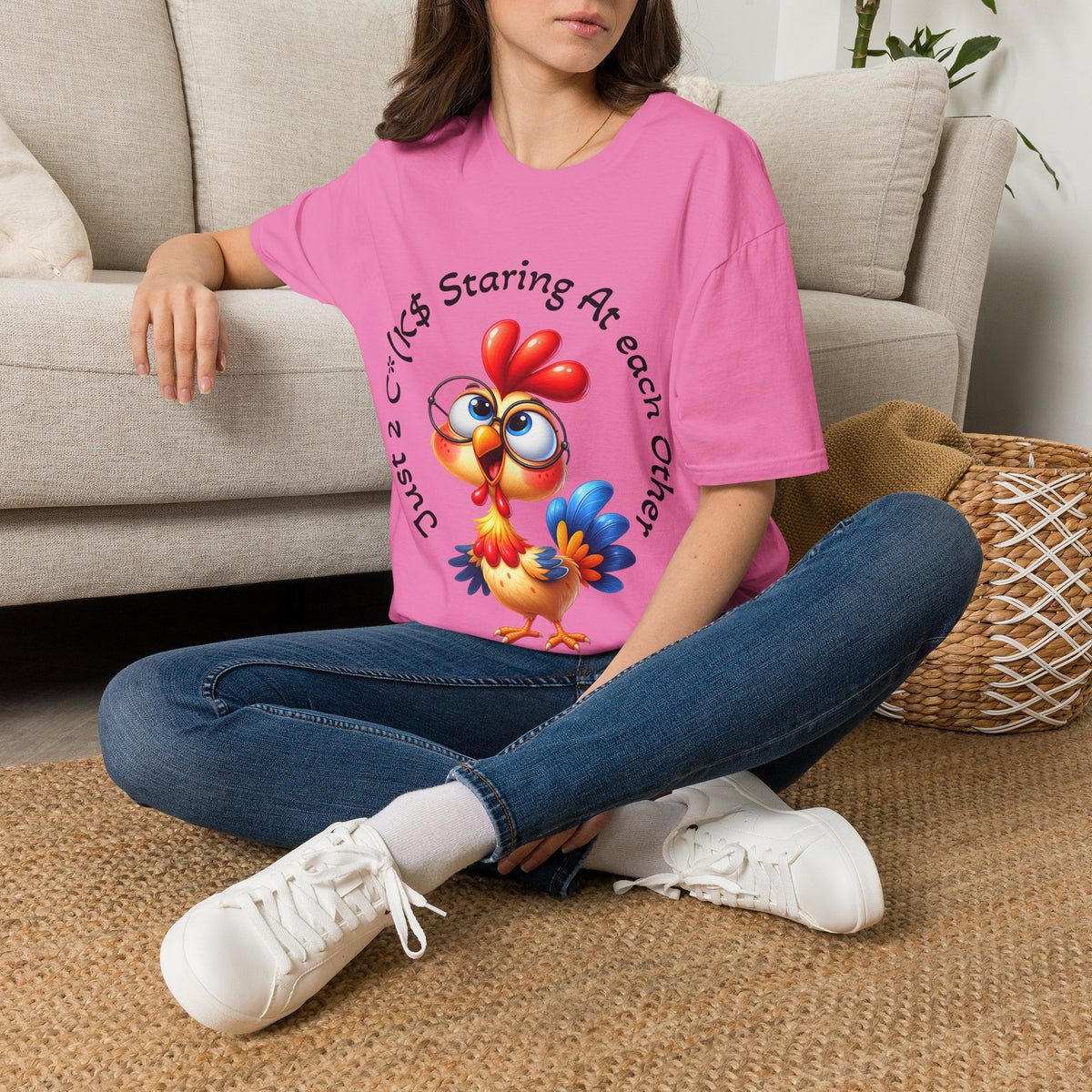 Chicken Cartoon Adult T-Shirt — "Staring At Each Other" Cute Funny Graphic Tee