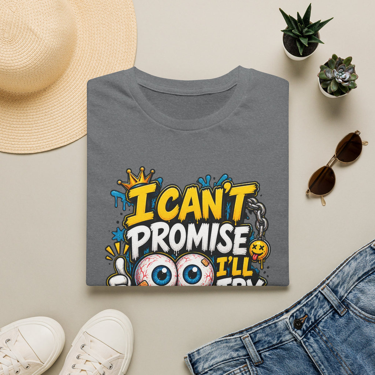 I Can't Promise I'll Try Graphic Adult T-Shirt — Funny Motivational Casual Tee