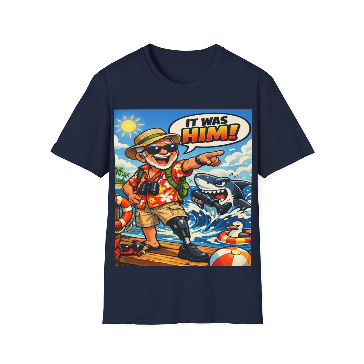 Adult T-Shirt — Retro Vacation Shark 'It Was Him!' Graphic Tee