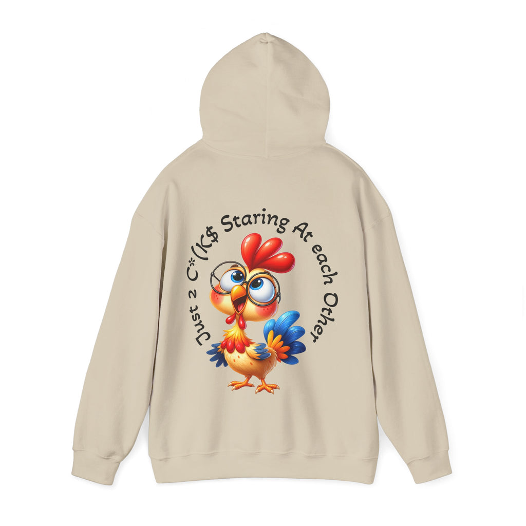 Adult Hoodie — Cute Cartoon Chicken “Just 2 C*#ks Staring At Each Other” Funny Graphic Hoodie