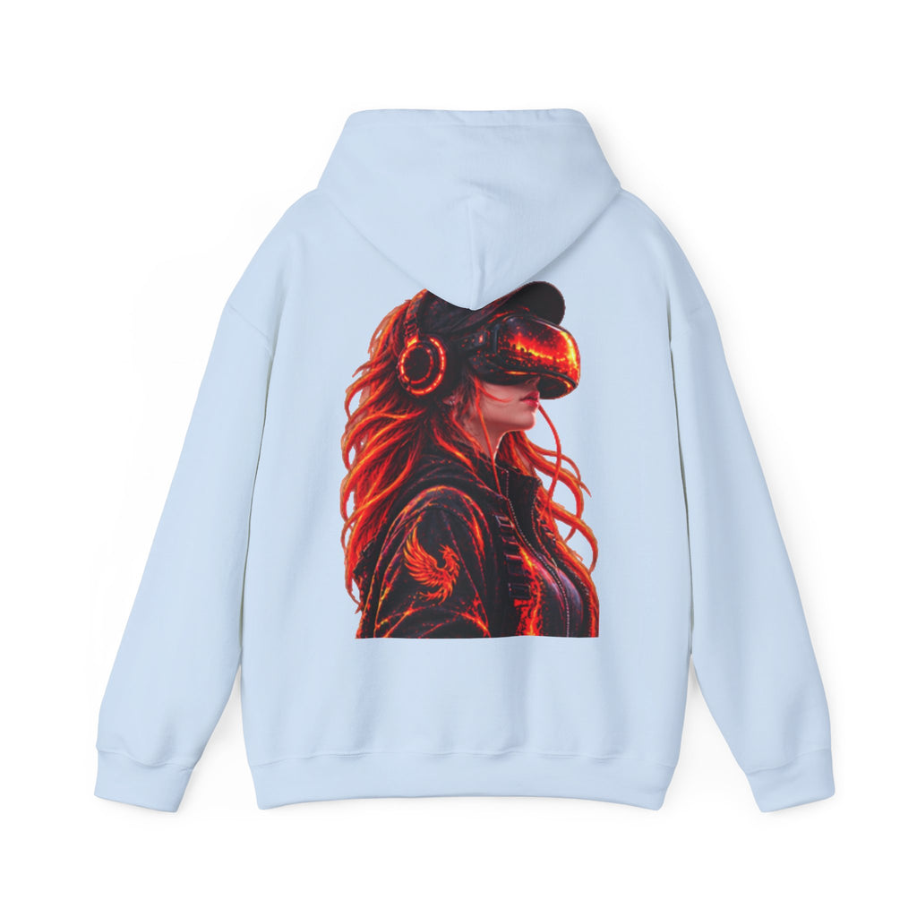 VR Headset Adult Hoodie — Futuristic Gamer Portrait Graphic Hooded Sweatshirt
