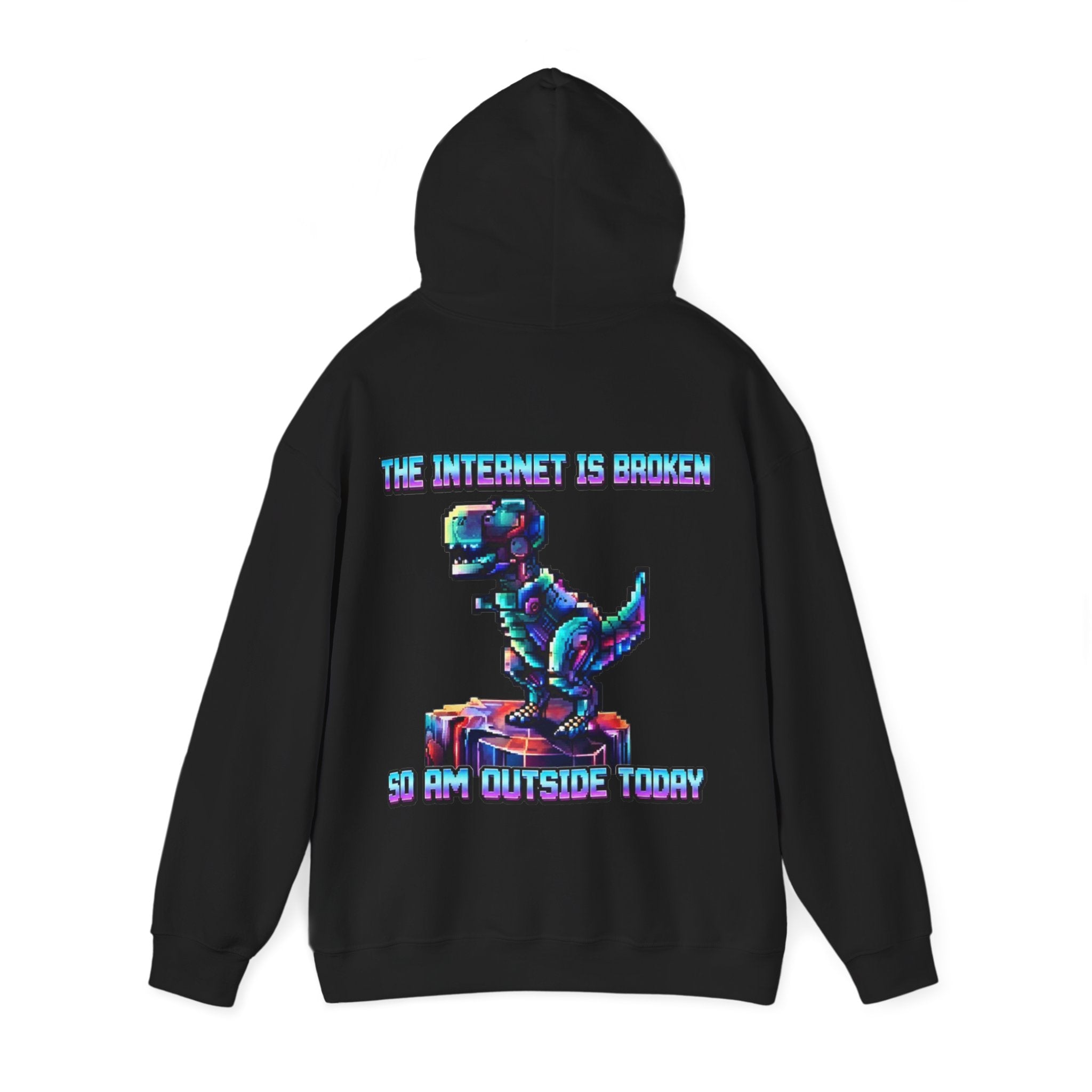 Retro Pixel Dino Adult Hoodie - "The Internet Is Broken So I’m Outside Today"