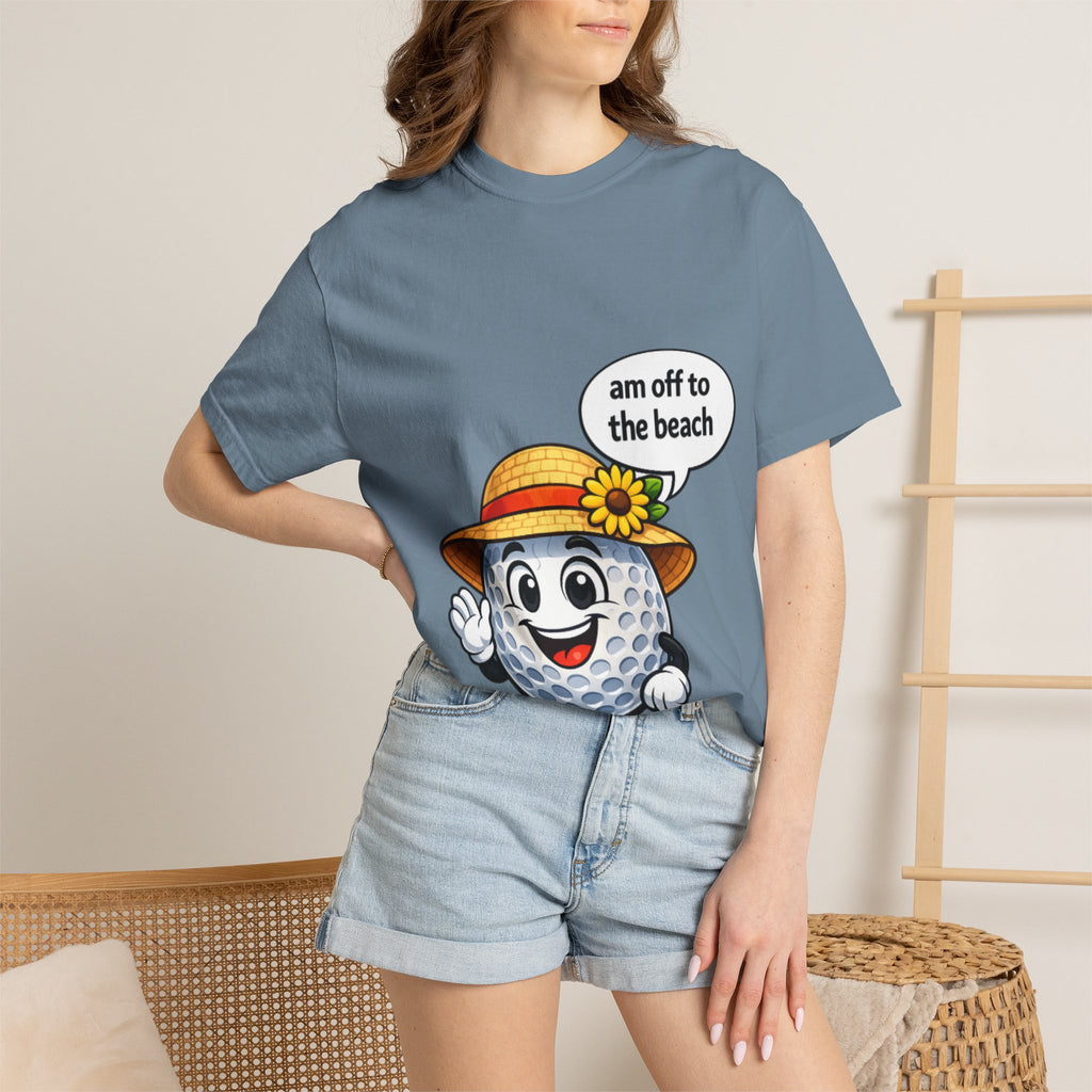 Golf Ball Graphic Tee — "am off to the beach" Cute Summer Golf T-Shirt