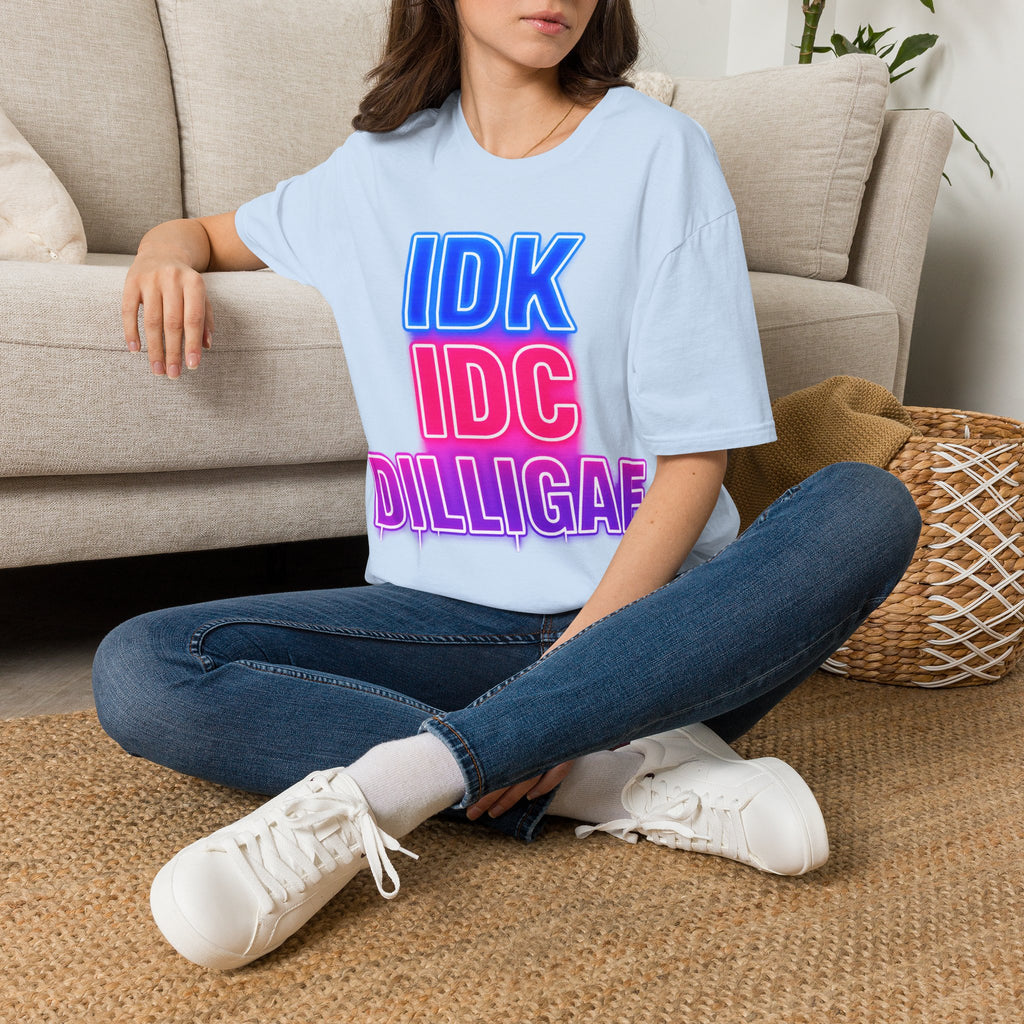 IDK IDC Dilligaf Graphic Adult T-Shirt – Neon Retro Statement Tee