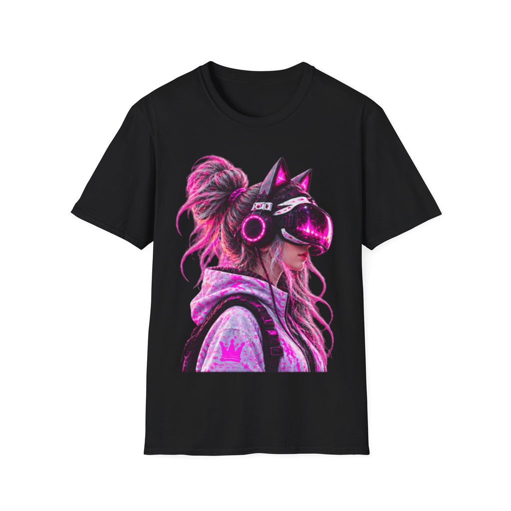 Cat VR Gamer Adult T‑Shirt — Neon Pink Cyberpunk Kitty Gamer Tee