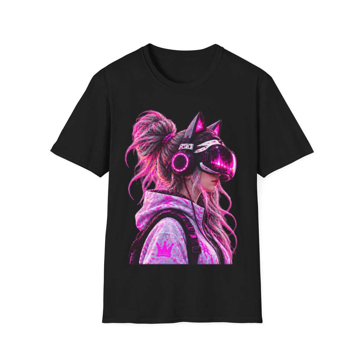 Cat VR Gamer Adult T‑Shirt — Neon Pink Cyberpunk Kitty Gamer Tee