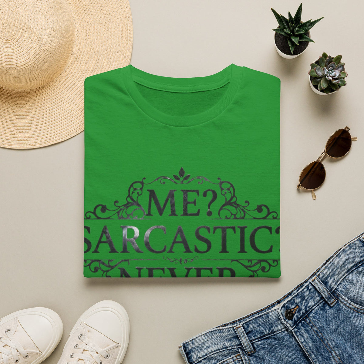 Sarcastic Adult Tee — "Me? Sarcastic? Never." Vintage Ornate Graphic T-Shirt