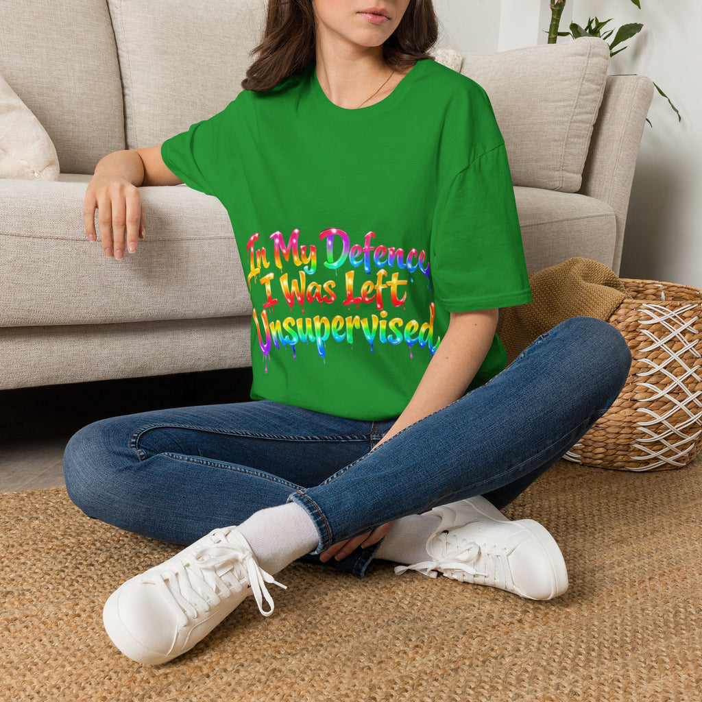 In My Defense I Was Left Unsupervised Adult T-Shirt – Funny Rainbow Casual Tee for Women & Men