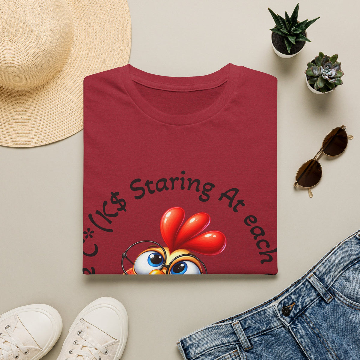 Chicken Cartoon Adult T-Shirt — "Staring At Each Other" Cute Funny Graphic Tee