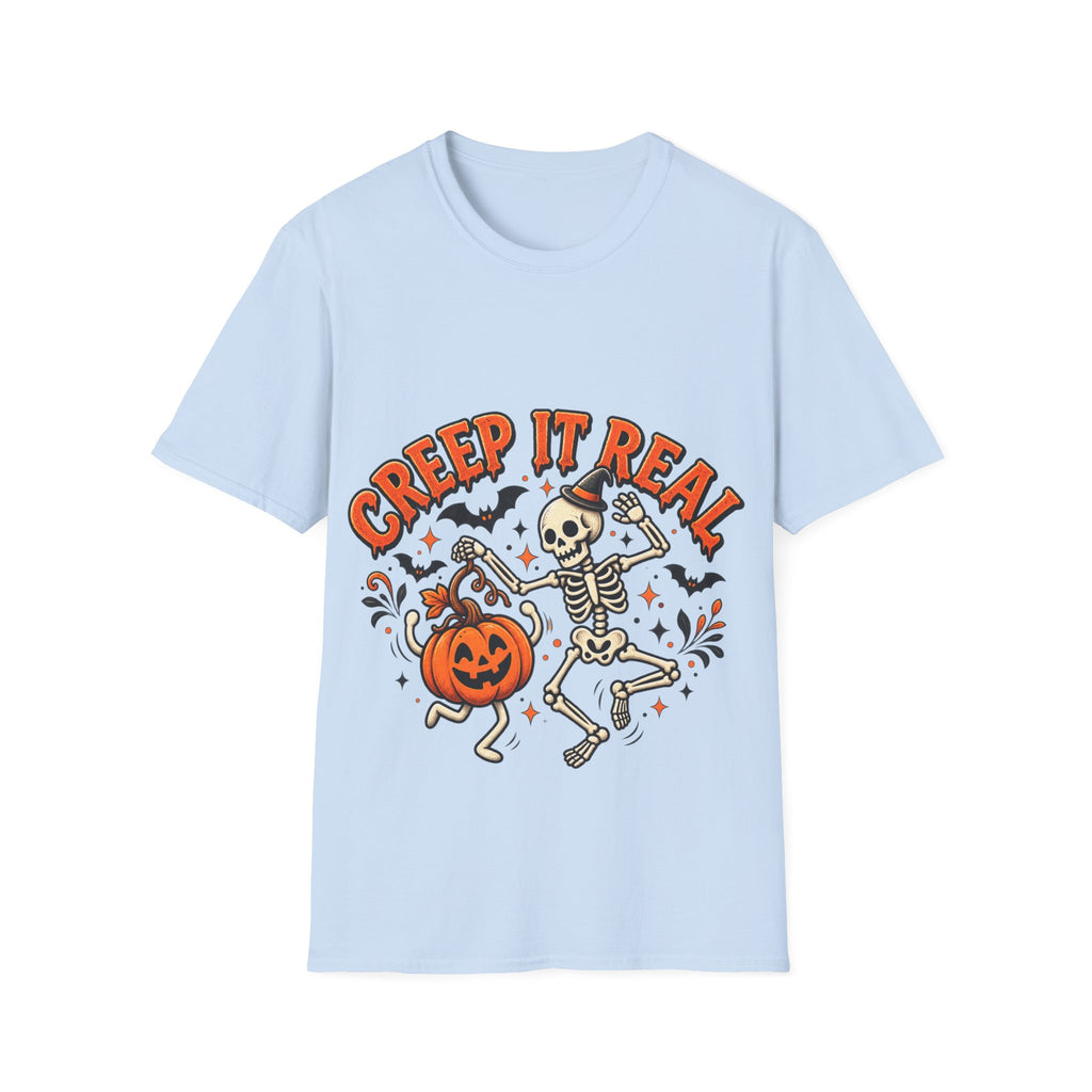 Creep It Real Halloween Adult T-Shirt — Dancing Skeleton & Pumpkin Graphic