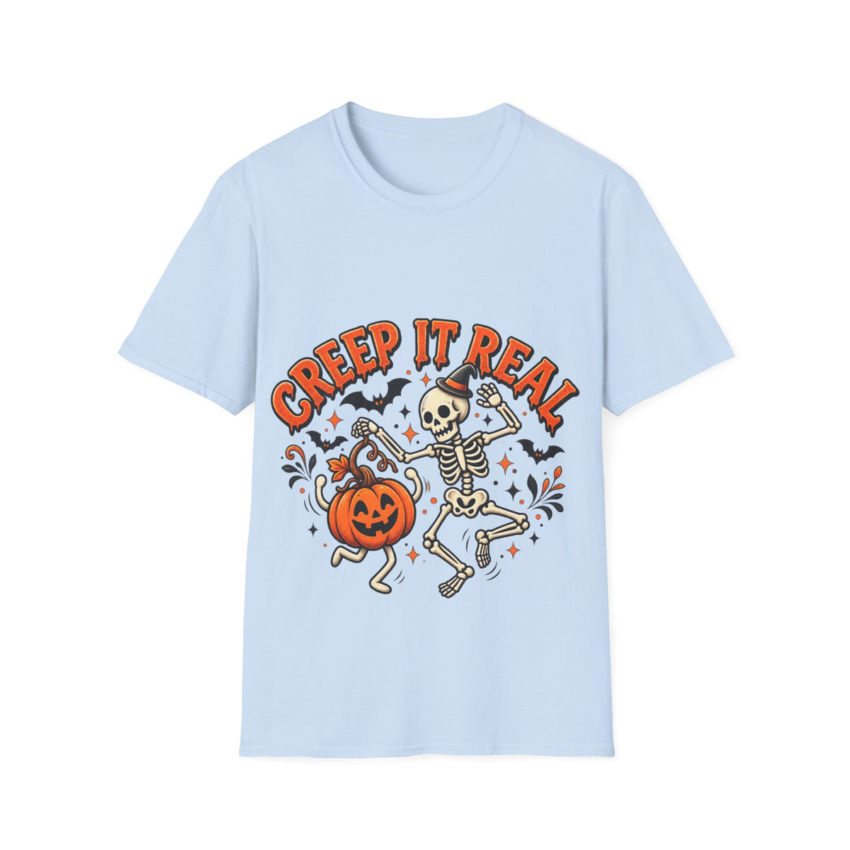 Creep It Real Halloween Adult T-Shirt — Dancing Skeleton & Pumpkin Graphic