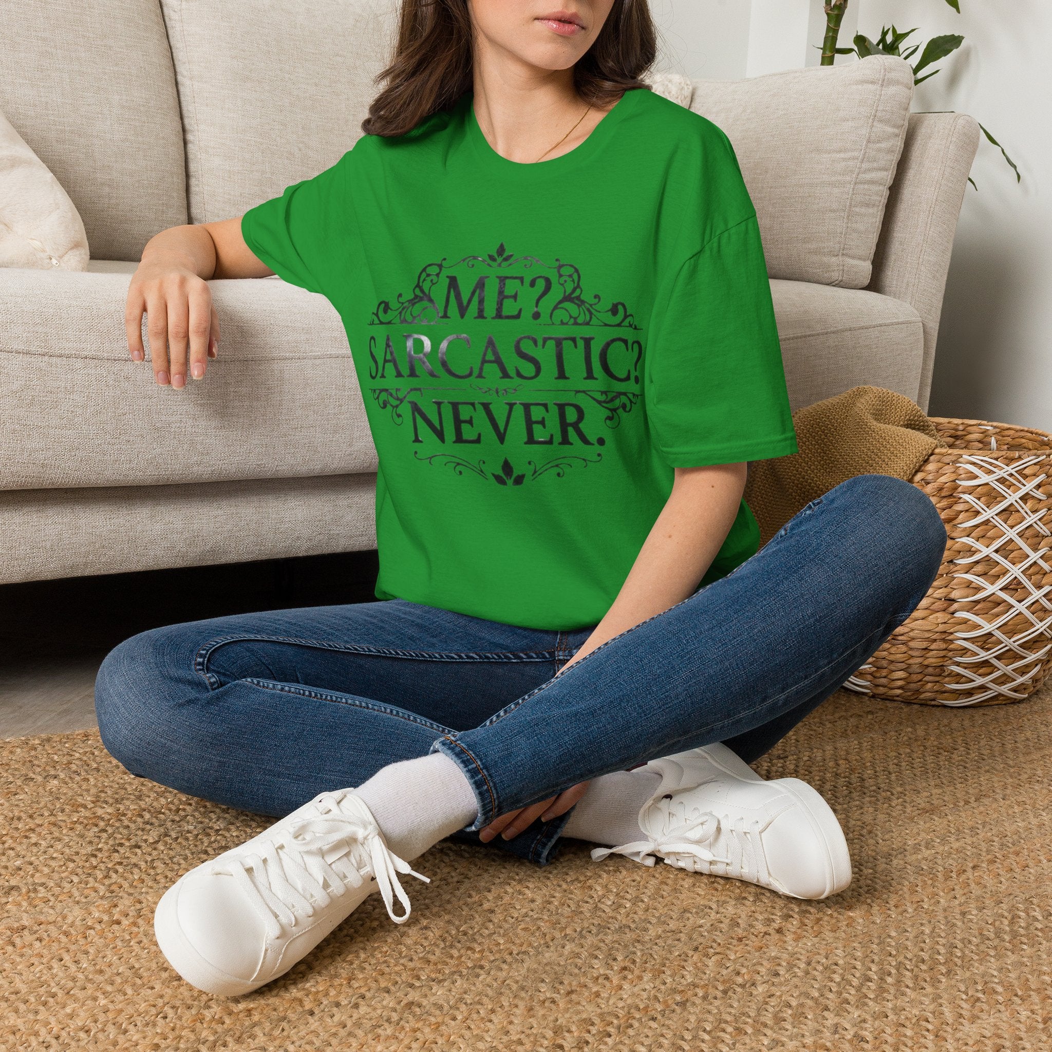 Sarcastic Adult Tee — "Me? Sarcastic? Never." Vintage Ornate Graphic T-Shirt
