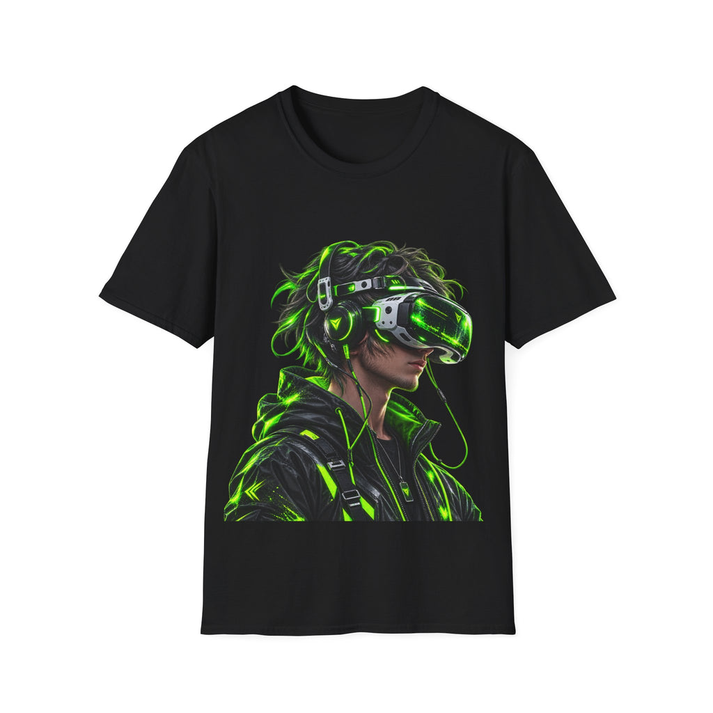 Cyberpunk VR Gamer Adult T-Shirt — Neon Green Virtual Reality Jacket Design