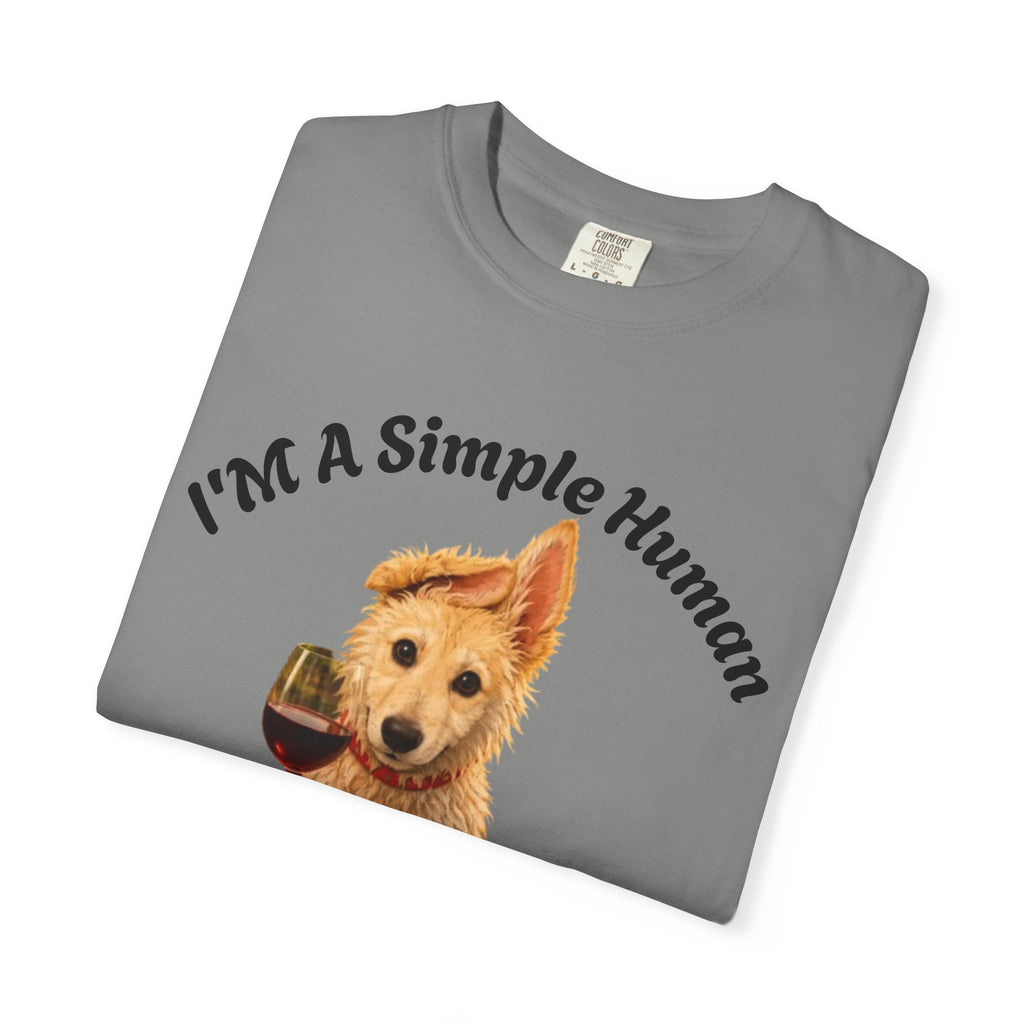 Adult T-Shirt — "I'm A Simple Human I Like Wine And Dogs" Cute Dog & Wine Graphic Tee