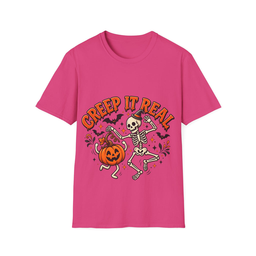 Creep It Real Halloween Adult T-Shirt — Dancing Skeleton & Pumpkin Graphic