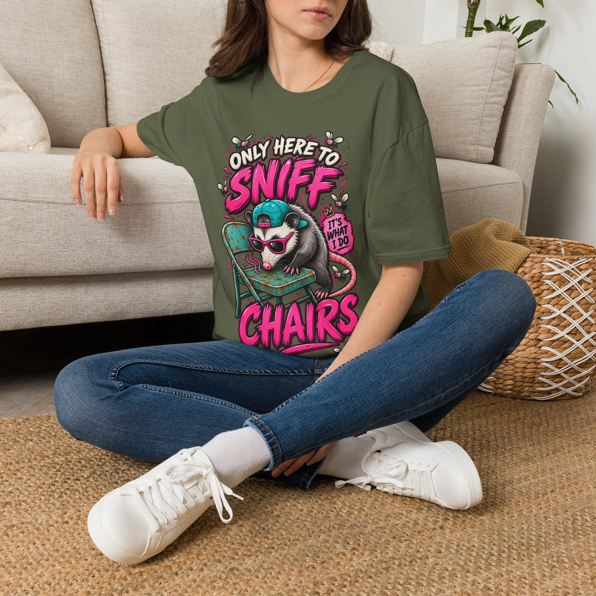 Adult T-Shirt — "Only Here to Sniff Chairs" Cute Ferret Graphic Tee
