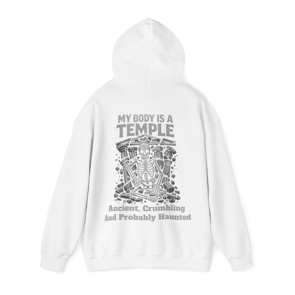 Skeleton Meditation Adult Hoodie — “My Body Is a Temple: Ancient, Crumbling and Probably Haunted” Gothic Humor Pullover