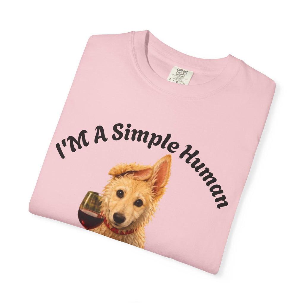 Adult T-Shirt — "I'm A Simple Human I Like Wine And Dogs" Cute Dog & Wine Graphic Tee