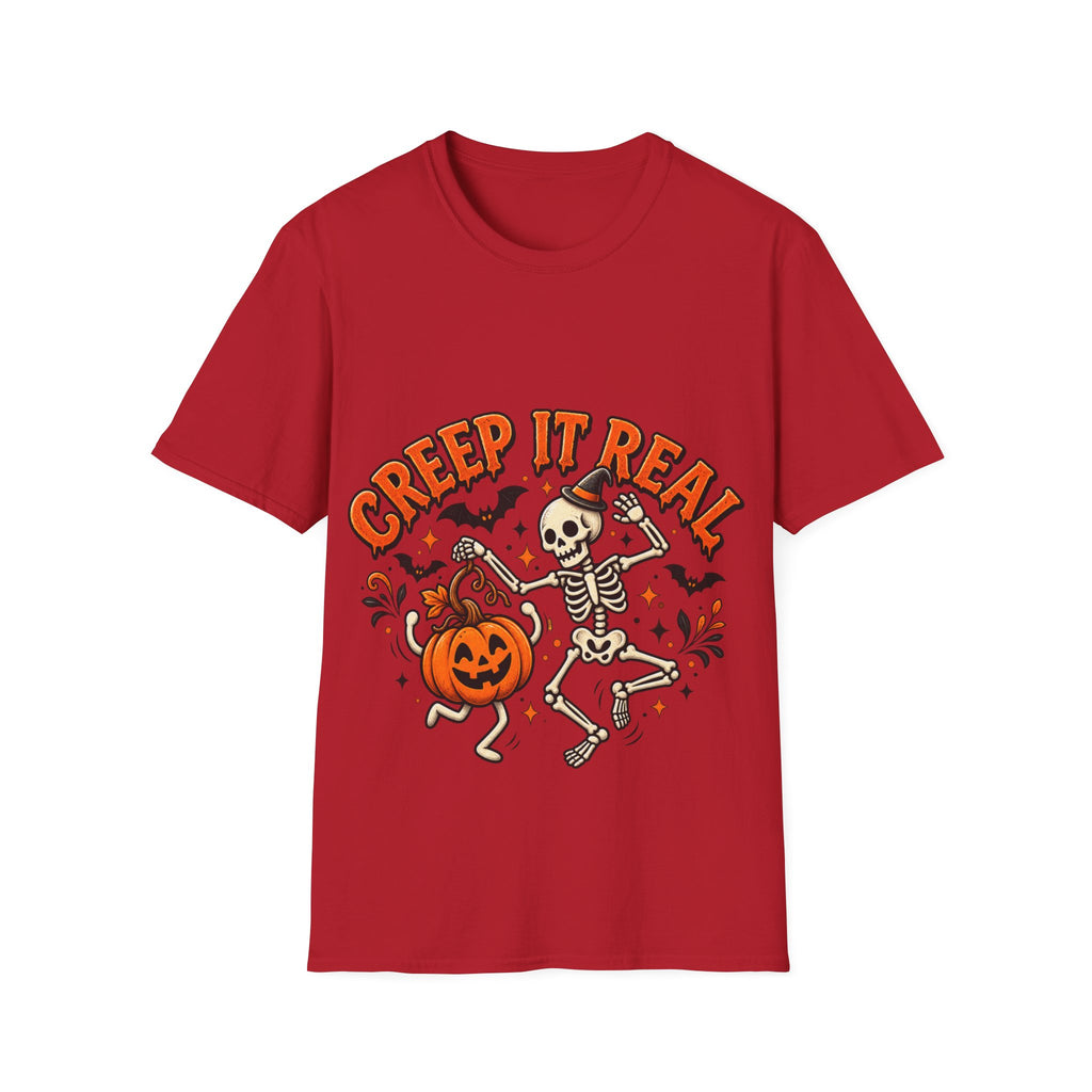 Creep It Real Halloween Adult T-Shirt — Dancing Skeleton & Pumpkin Graphic