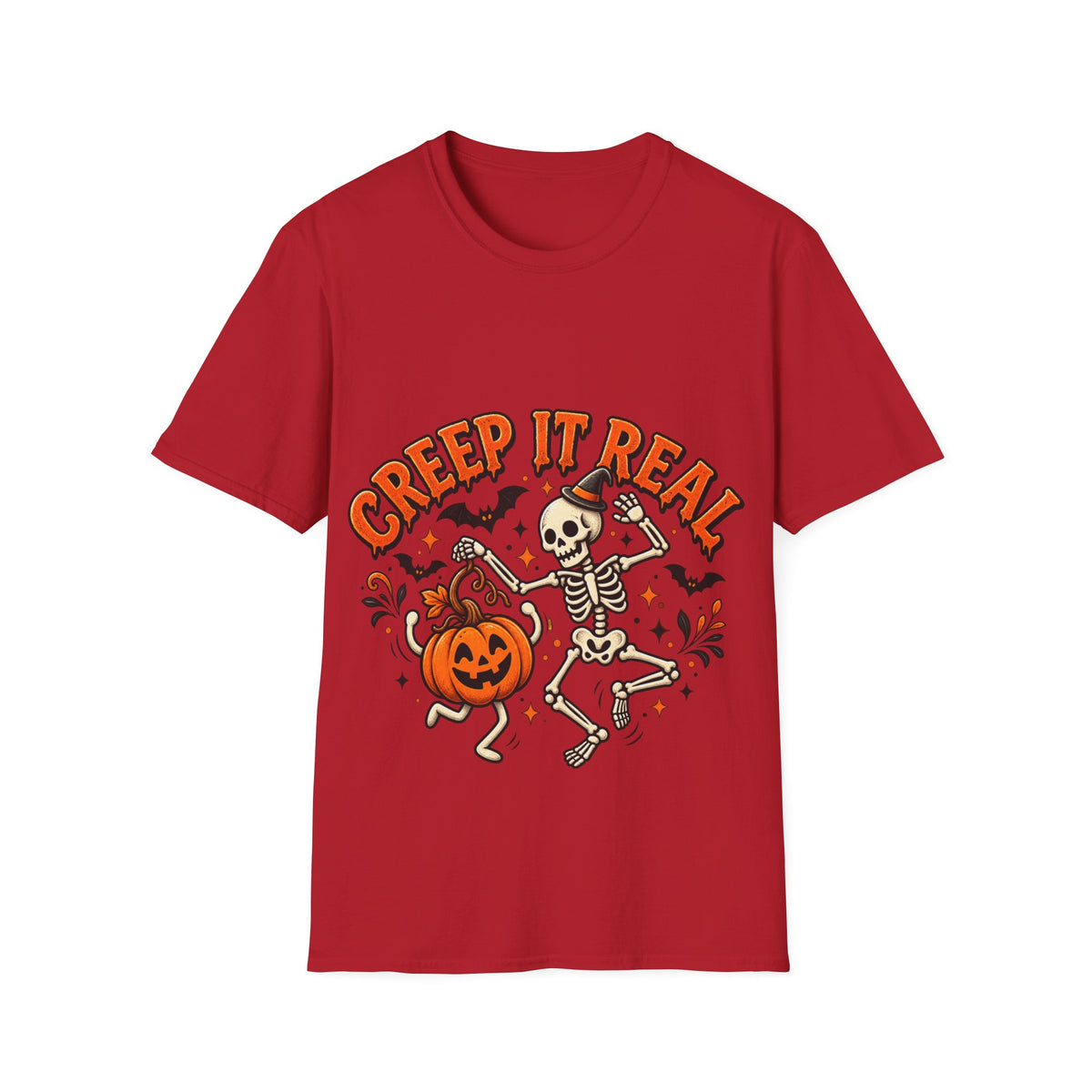 Creep It Real Halloween Adult T-Shirt — Dancing Skeleton & Pumpkin Graphic