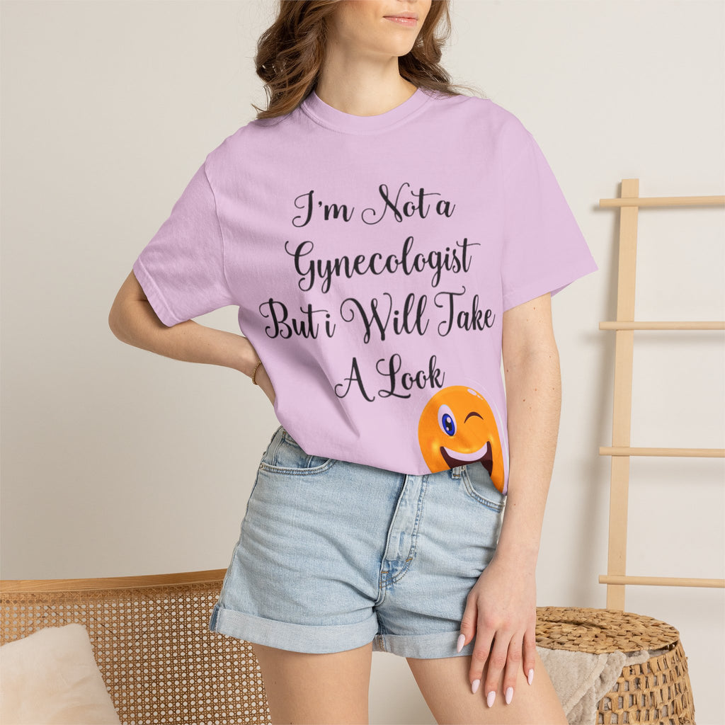 Funny Gynecologist Joke Adult T-Shirt — "I'm Not a Gynecologist But I Will Take a Look" Emoji Tee