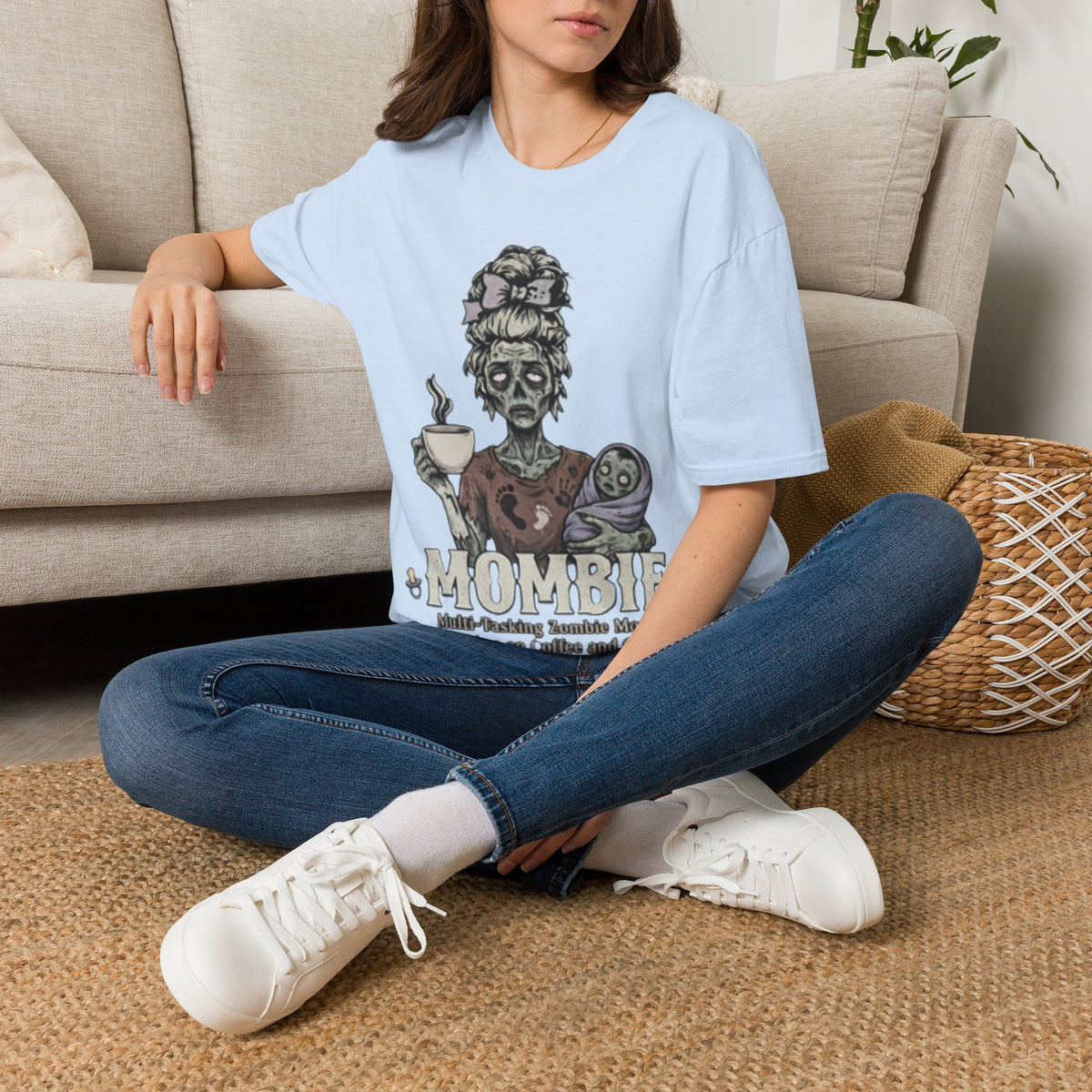 Mombie Adult T-Shirt – Funny Zombie Coffee Tee for Halloween & Horror Fans