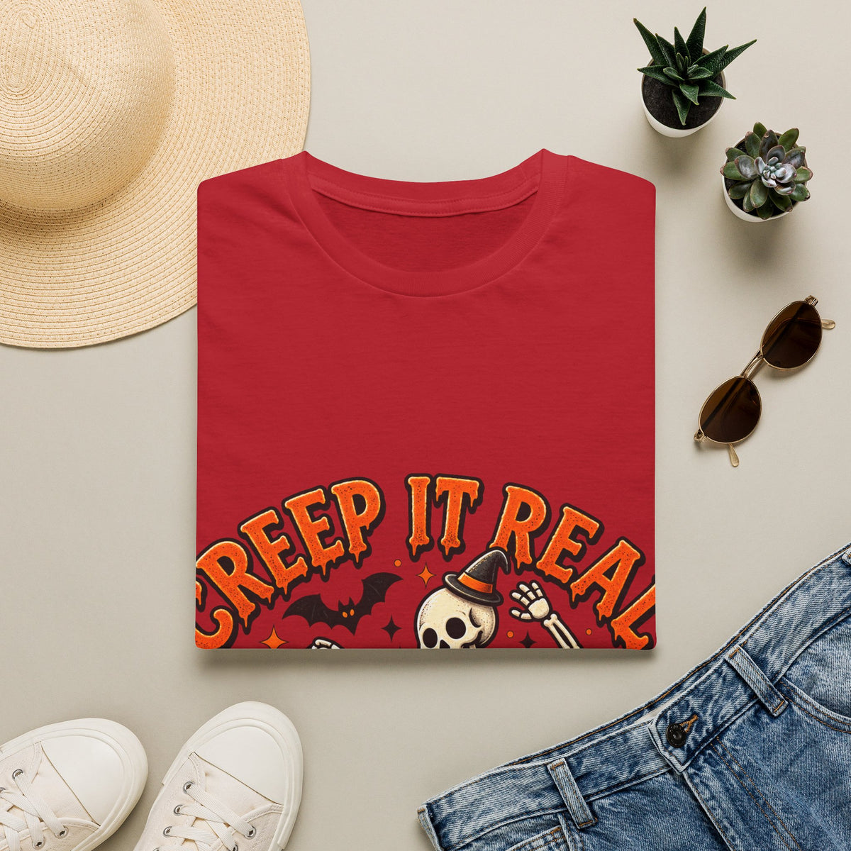 Creep It Real Halloween Adult T-Shirt — Dancing Skeleton & Pumpkin Graphic