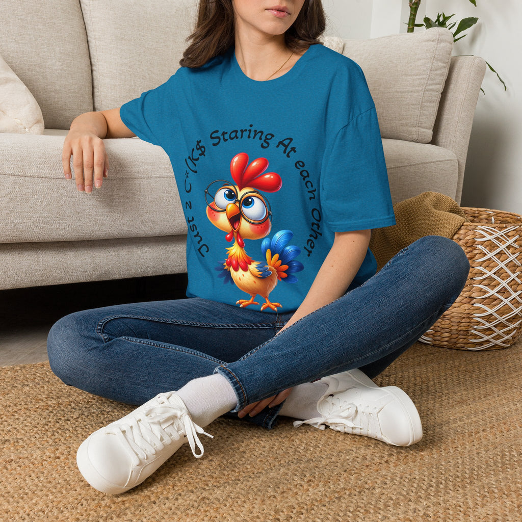 Chicken Cartoon Adult T-Shirt — "Staring At Each Other" Cute Funny Graphic Tee