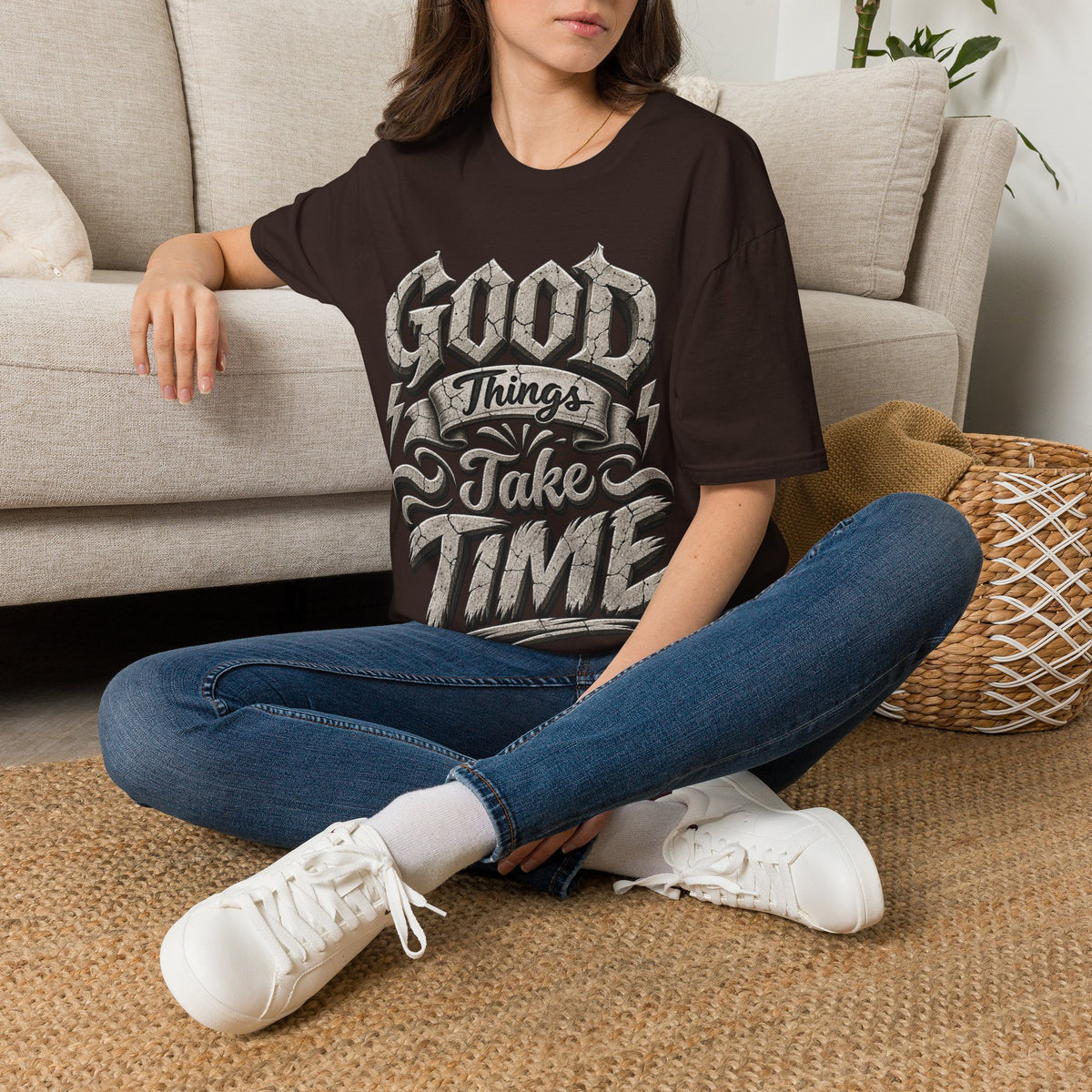 Adult T-Shirt — 'Good Things Take Time' Vintage Script Graphic Tee