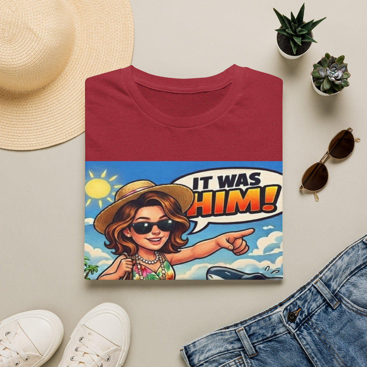 Adult T-Shirt — 'It Was Him!' Beach Shark Graphic Tee