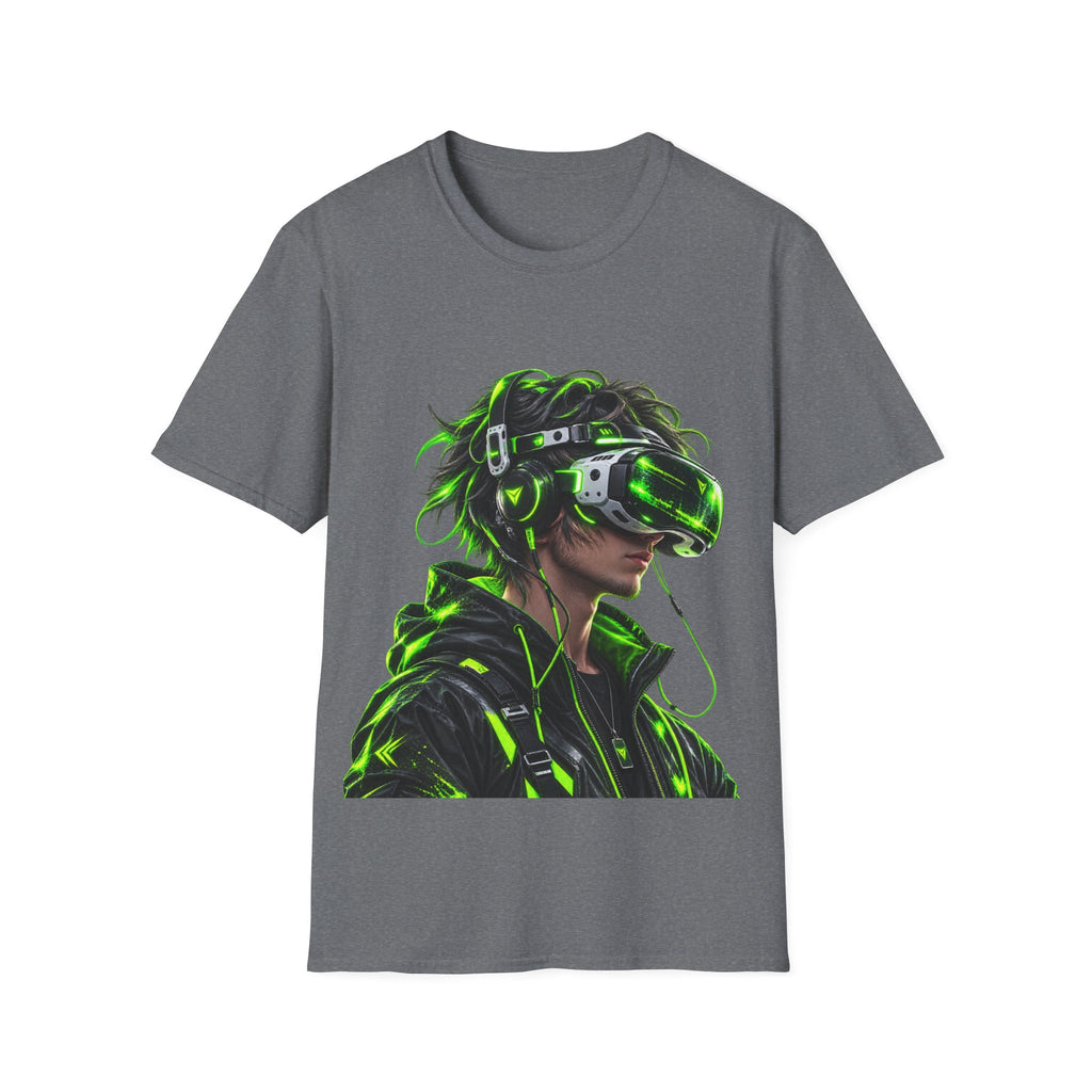 Cyberpunk VR Gamer Adult T-Shirt — Neon Green Virtual Reality Jacket Design