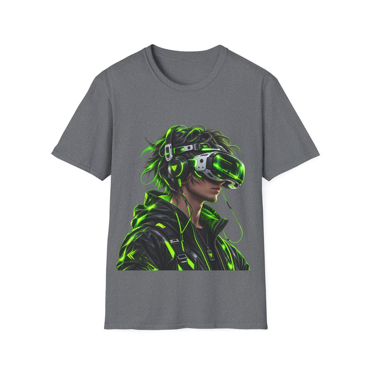 Cyberpunk VR Gamer Adult T-Shirt — Neon Green Virtual Reality Jacket Design